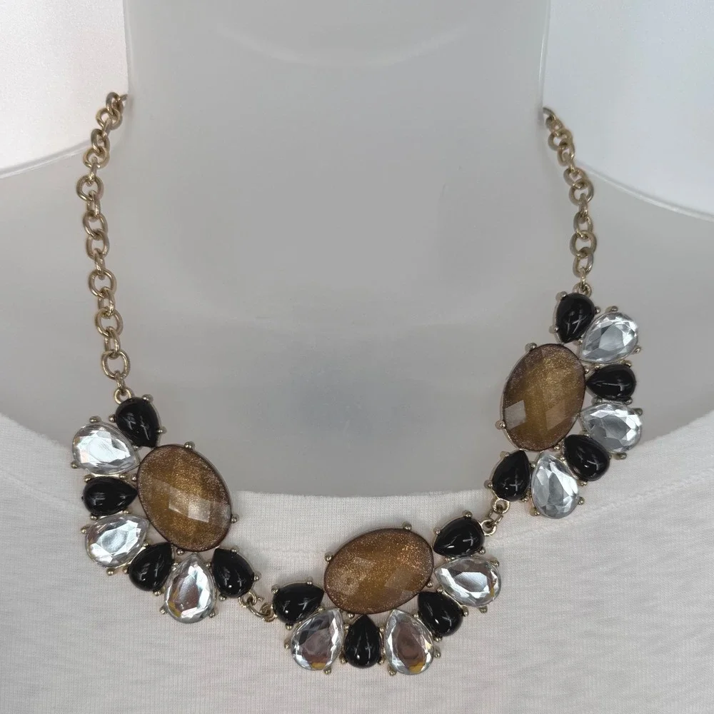 Gold Tone Statement Chunky Bib Necklace‎ Amber Black Clear Faceted Stones 103-08